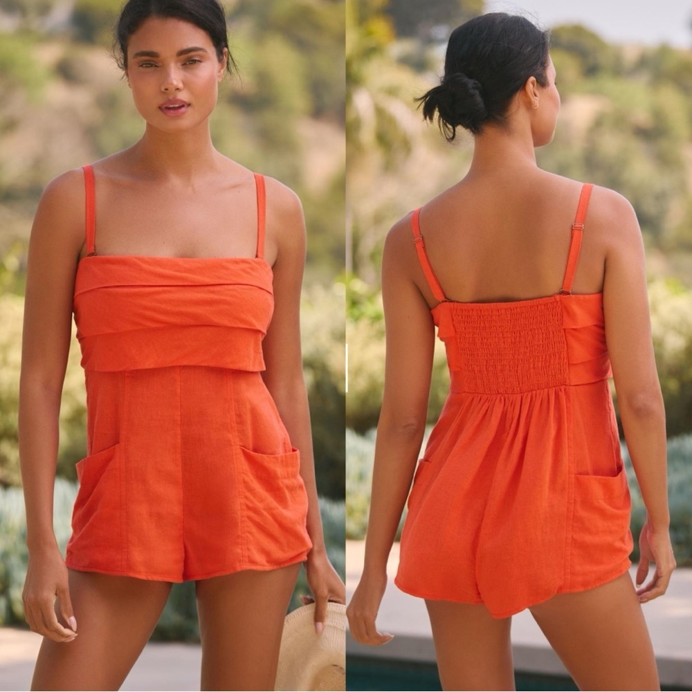 Anthropologie Strapless Linen Ruffle Romper